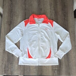 Puma Women's White and Neon Orange Full Zip Track Jacket Y2K Retro